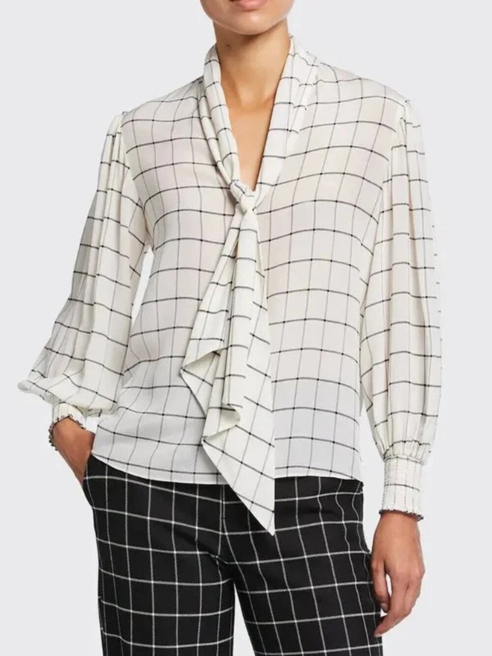 Alice & Olivia silk windowpane plaid tie neck puff sleeve blouse